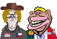 2soyjaks ToonSoy_(NameFag) amerimutt big_lips blond chudnater2(namefag) closed_mouth clothes ear euromutt flag:india flag:mexico flag:texas friendship glasses goatee grey_shirt hair half_open_mouth hand happy hat india meta:keep_the_original_tags mexico mustache name_tag no_more_brother_wars smile smug soyjak stubble subvariant:euromutt subvariant:impish_amerimutt texas texas_vs_mexico text variant:impish_soyak_ears variant:markiplier_soyjak // 1312x912 // 287.8KB