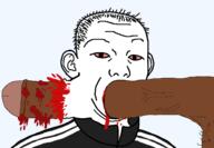 bbc black_skin blood blowjob clothes ear gore hair meta:pornographic_content nsfw penis red_eyes soyjak testicles track_suit variant:kuzjak // 1420x980 // 188.6KB