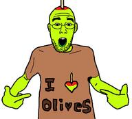 arm clothes ear glasses green_skin hand heart i_love olive open_mouth pointing soyjak stubble text toothpick tshirt variant:shirtjak // 618x559 // 62.2KB