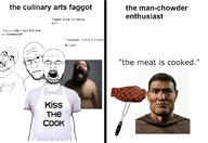 2soyjaks ancestral_whispers chef closed_mouth cooking cro_magnon glasses hairy open_mouth steak variant:ignatius variant:markiplier_soyjak variant:mustardjak variant:unknown // 1312x901 // 399.9KB