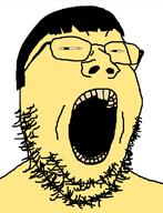 asian glasses hair open_mouth small_eyes soyjak stubble variant:gapejak yellow yellow_skin yellow_teeth // 600x784 // 18.5KB