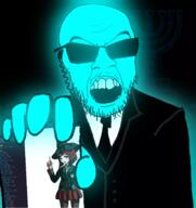 anime blue_skin clothes danbooru danganronpa_(series) danganronpa_v3:_killing_harmony glasses glowie glowing menorah mossad open_mouth red_hair soyjak stubble suit sunglasses variant:feraljak video_game visual_novel yumeno_himiko // 1679x1782 // 1.5MB