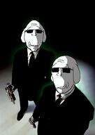 2soyjaks arm central_intelligence_agency closed_mouth clothes dog firearm glasses glowie glowing grin gun hand holding_gun holding_object janny men_in_black necktie soyjak stubble suit variant:unknown weapon // 710x1000 // 317.7KB