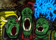 3soyjaks bloodshot_eyes drawn_background fungus green green_skin horn lip_piercing mushroom mustache nose_piercing nose_ring open_mouth orc ork orks psyker sci-fi soyjak soyjak_trio space stubble variant:gapejak variant:markiplier_soyjak variant:tony_soprano_soyjak waaagh waaagh! warhammer weirdboy // 1000x701 // 676.3KB