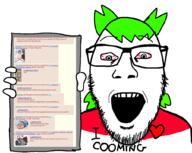 4chan anime bestiality bloodshot_eyes coomer dog glasses green_hair hair hand holding_object holding_phone nsfw phone soyjak stubble trash_(4chan) variant:punk_revolution_soyjak yotsoyba // 1021x813 // 246.8KB