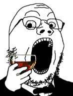 bowtie clothes crazed glasses hand holding_object open_mouth soyjak stubble tuxedo variant:gapejak wine // 600x785 // 100.0KB