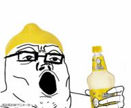 animated arm bottle food foodjak fruit glasses hand holding_bottle holding_object lemon lemonade open_mouth soyjak variant:tony_soprano_soyjak // 400x330 // 449.1KB