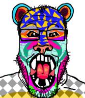 animal colorful fangs furry glasses lion meta:tag_character_name open_mouth orange_eyes soyjak stubble tongue variant:markiplier_soyjak // 516x594 // 78.6KB
