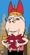 arm beebo blossom_(ppg) bowtie cartoon cartoon_network closed_mouth glasses hair hand holding_object leg orange_hair pink_eyes powerpuff_girls smile soyjak stubble subvariant:wholesome_soyjak variant:gapejak // 676x1234 // 148.3KB