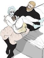 baby bear bed bloodshot_eyes buff clothes crying diaper full_body gay holding_object implied_sex nordic_chad nsfw poop redraw soyjak teddy_bear tshirt variant:soyak white_skin yellow_hair // 2900x3840 // 923.7KB
