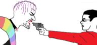 artist:jewishautismaward78 choker chud drag_queen execution faggot glasses gun hair holding_gun holding_object holding_revolver purple_hair revolver satanism snubnose_revolver stubble tranny variant:chudjak variant:unknown // 641x299 // 23.8KB