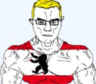 arm bear berlin blue_eyes buff closed_mouth clothes flag flag:berlin germany glasses hair soyjak subvariant:chudjak_front subvariant:muscular_chud transparent transparent_background tshirt variant:chudjak vein yellow_hair // 1059x929 // 61.8KB