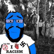 1488 arm beard blue_skin calm closed_mouth glasses hair happy_merchant heart i_love irl_background lynching nazism no_symbol nsfw racism smile soyjak subvariant:science_lover swastika text variant:markiplier_soyjak // 1179x1166 // 1.3MB
