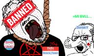 2soyjaks 764_(cult) Zionist-Y_(Namefag) ack acne banned_user black_shirt bloodshot_eyes clothes crying demonic_passion_(user) facial_mark flag:transgender_pride_flag greentext hair hanging happy_merchant hat hello_my_name_is_(sticker) jewish_nose judaism kike kippah looking_to_the_left mark_of_the_beast missing_teeth mustache namefag_drama noose open_mouth order_of_nine_angles pentagram queen_of_spades rope rotten_teeth satanism soyjak spade stubble suicide text tongue variant:bernd variant:soyak white_background yellow_teeth // 1175x695 // 191.8KB