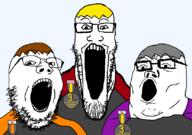 3soyjaks badge beard brown_hair clothes dan glasses grey_hair james nate open_mouth soybooru soyjak soyjak_party soyjak_trio soyjak_wiki stubble variant:gapejak variant:markiplier_soyjak variant:tony_soprano_soyjak yellow_hair // 828x581 // 69.8KB