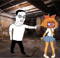 anti_ongezellig asian basement blue_eyes bowtie cartoon chin closed_mouth clothes distorted firearm freckles full_body glasses gun hair holding_gun holding_object holding_pistol imminent_death irl_background monkey mymy necktie ongezellig open_mouth orange_hair orange_skin pistol scared shoe shooting skirt smile soyjak tshirt variant:chudjak weapon // 767x749 // 577.8KB