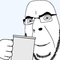 bald glasses happy holding_mug holding_object looking_at_you mug smile soyjak stubble thick_eyebrows transparent_background variant:cobson // 1280x1280 // 59.0KB