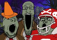 3soyjaks bones clothes football glasses grass gravestone graveyard green_skin necktie open_mouth plants_vs_zombies skull soyjak_trio stretched_mouth stubble suit teeth traffic_cone tree undead variant:gapejak variant:markiplier_soyjak variant:tony_soprano_soyjak zombie // 828x581 // 231.1KB