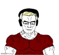 animated blond blue_eyes bouncing buff headphones muscles muscular_male music poyopoyo red_shirt variant:chudjak // 400x378 // 265.6KB