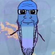 animated blue_skin calm closed_mouth glasses hair oh_my_god_she_is_so_attractive purple_skin schizo sharp_teeth soyjak stretched_chin stubble subvariant:schizojak variant:markiplier_soyjak // 255x255 // 1.6MB