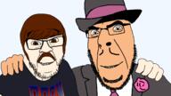 2soyjaks barneyfag brown_hair clothes don_turtelli doom glasses hat hugging lee_goldson mustache no_more_brother_wars smile soyjak stubble teenage_mutant_ninja_turtles transparent_background variant:cobson variant:feraljak white_skin // 1920x1075 // 283.9KB