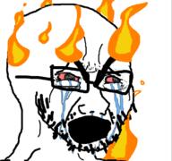 angry bloodshot_eyes crying fire glasses open_mouth soyjak stubble thick_eyebrows variant:cryboy_soyjak // 1080x1012 // 391.9KB