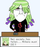 angry arm button capcom clothes ear glasses gospel_leader_(mega_man) green_hair hair hand internet long_hair mega_man mega_man_battle_network millions_must_die no_mouth red_eyes soyjak subvariant:chudjak_front text the_west_has_fallen variant:chudjak video_game // 1440x1688 // 50.6KB
