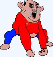 amerimutt angry animated arm balding bloodshot_eyes brown_skin clothes crying dance ear fat full_body glasses hand leg mcdonalds monkey_dance open_mouth soyjak variant:chudjak // 570x537 // 50.8KB