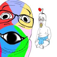 2soyjaks antenna arm baby clenched_teeth clothes colorful deformed full_body glasses hair hand leg red_eyes reddit smile smug soyjak variant:chudjak variant:feraljak yellow_teeth // 1500x1500 // 1.1MB