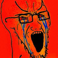 bloodshot_eyes crying glasses large_eyebrows open_mouth red soyjak stretched_mouth stubble variant:soyak // 610x613 // 207.6KB