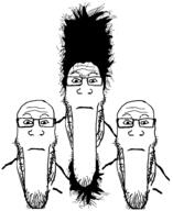 3soyjaks bald beard closed_mouth glasses hair long_hair neutral soyjak stretched_chin stubble subvariant:neutralplier variant:markiplier_soyjak white_background // 1522x1867 // 158.2KB