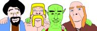 4soyjaks bald barbarian beard blue_eyes chud_troon_alliance clash_of_clans clash_royale clothes eyebrows giant goatee goblin green_eyes green_skin hair hand hugging mustache mutton_chops no_more_brother_wars orange_beard orange_eyebrows pointy_ears red_hair robe sideburns smile subvariant:chudjak_front suspenders torso variant:bernd variant:chudjak variant:cobson variant:feraljak wizard yellow_eyebrows yellow_eyes yellow_hair yellow_mustache // 3312x1080 // 372.4KB