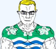 arm aryan blue_eyes british buff closed_mouth clothes cumberland ear england flag flag:cumberland flower glasses hair plant soyjak subvariant:chudjak_front subvariant:muscular_chud tshirt united_kingdom variant:chudjak vein yellow_hair // 1059x929 // 137.1KB
