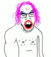angry animated arm buff coomer glasses gynaecomastia hair hand makeup masturbation mustache open_mouth pink_hair soyjak stubble tranny variant:feraljak // 639x715 // 46.3KB
