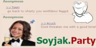 4chan 4cuck arm banner brown_hair closed_mouth clothes dancing_swede ear female greentext serena_mello smile soyjak soyjak_party stubble tan_skin text tuxedo variant:impish_soyak_ears wine // 300x150 // 18.2KB
