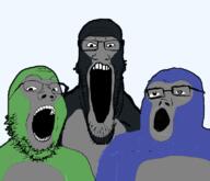 3soyjaks animal clothes glasses gorilla gorilla_tag monkey open_mouth soyjak soyjak_trio stubble suit variant:gapejak variant:markiplier_soyjak variant:tony_soprano_soyjak video_game // 800x687 // 177.2KB