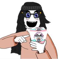 animated arm avengers beanie blue_eyes clothes cube glasses hair hand happy holding_object necklace tranny variant:bernd variant:soytan // 275x275 // 121.1KB