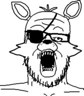 animal ear eyepatch five_nights_at_freddy's_1 fox foxy_(fnaf) glasses open_mouth snout soyjak stubble variant:a24_slowburn_soyjak video_game // 454x520 // 16.0KB