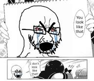 2soyjaks bloodshot_eyes crying glasses manga open_mouth soyjak speech_bubble stubble text variant:cryboy_soyjak // 1376x1180 // 600.8KB