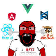 angry balding beard clothes ember fume glasses hair i_hate logo open_mouth react_js red_skin soyjak subvariant:science_lover text tshirt variant:markiplier_soyjak // 1200x1200 // 210.5KB