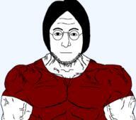 eyebrows forehead_lines full_body glasses hair mouth_closed muscles nose red_shirt soyjak stubble variant:lennonjak // 192x169 // 25.3KB