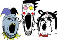 3soyjaks blue_skin bowtie clothes deltarune glasses hat jester jester_hat jevil long_nose soyjak_trio spamton variant:gapejak variant:markiplier_soyjak variant:tony_soprano_soyjak // 828x581 // 170.2KB