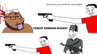 2soyjaks arab arm blood bloodshot_eyes blue_eyes brown_skin clenched_teeth clothes crying fez firearm glasses gun hair hand hat holding_gun holding_object holding_pistol islam murder nazism nsfw open_mouth pistol schutzstaffel shooter smile soyjak stubble text tongue tshirt variant:chudjak variant:smugjak variant:wojak white_skin yellow_teeth // 1920x1080 // 754.6KB