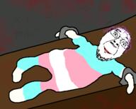 animated blood closed_mouth drawn_background flag full_body glasses gore inverted laser mustache open_mouth purple_hair smile soyjak strobe stubble torture tranny variant:bernd variant:gapejak // 500x400 // 786.6KB